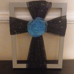 Decorative Cross with Blue Rose and Black Accents